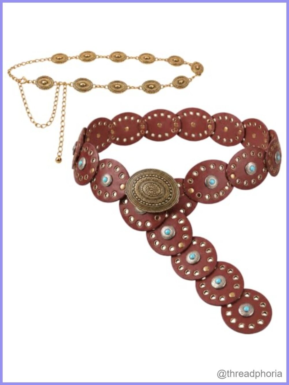 Faux Leather Concho Belt & Gold Tone Chain Belt Set Western Cowgirl